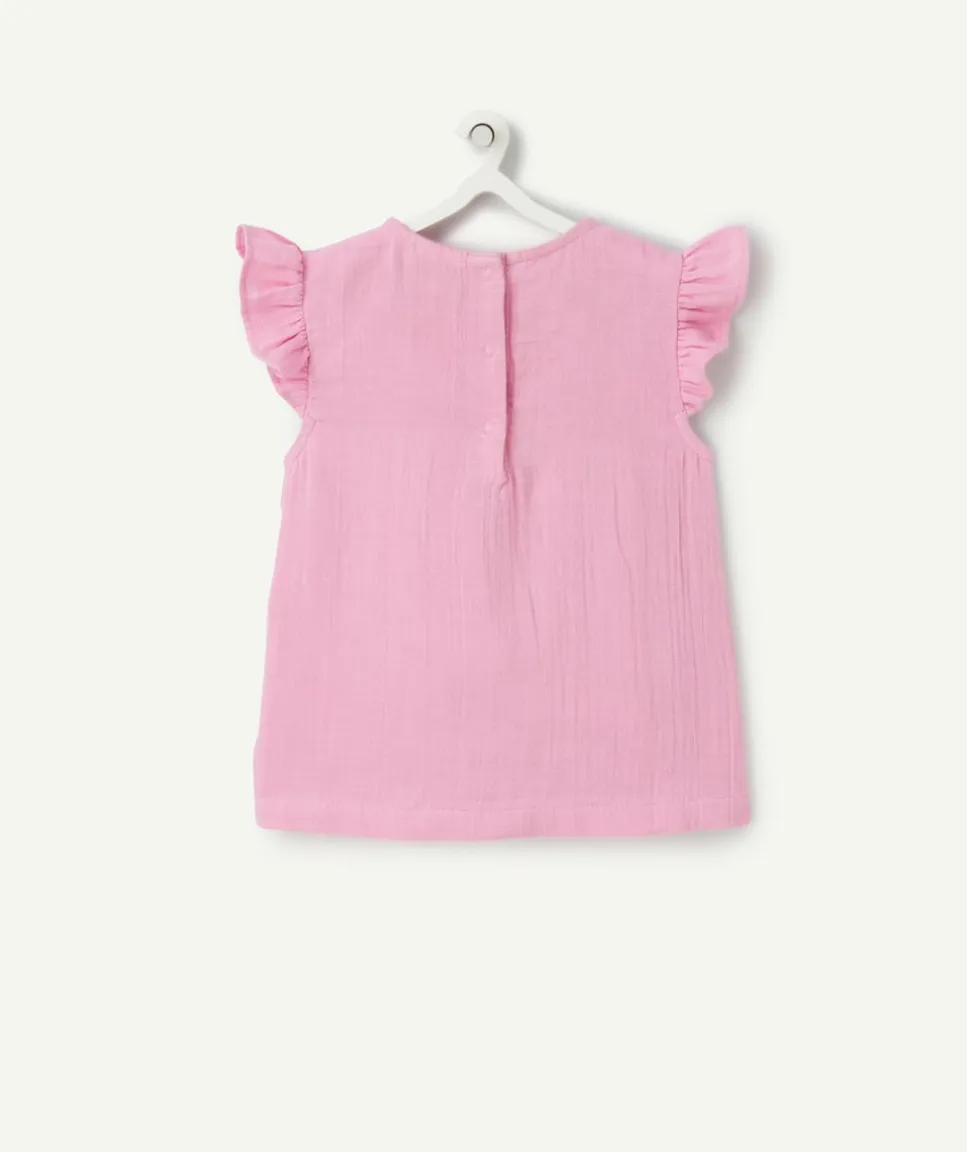 Blouse bébé fille en gaze de coton rose avec volants