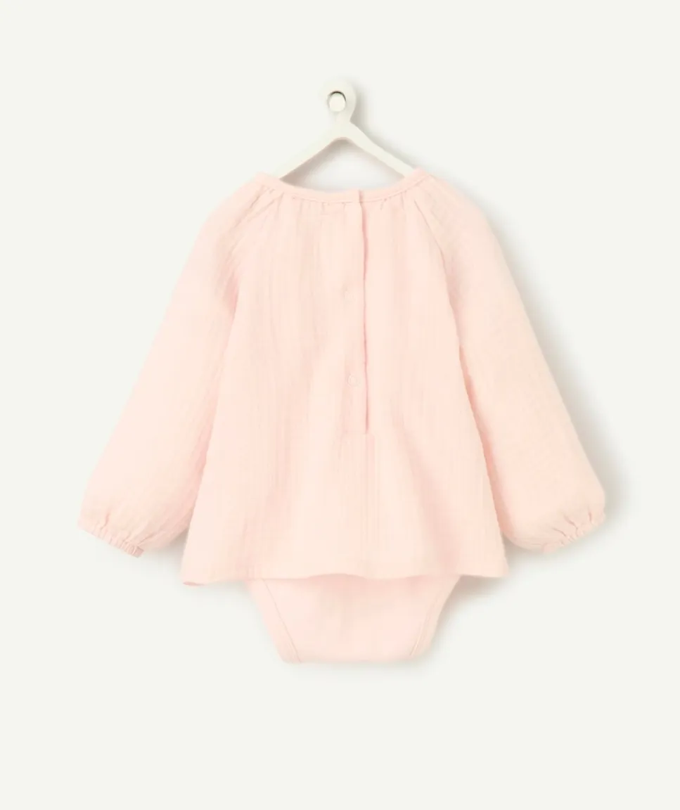 Blouse 2en1 avec body intégré manches longues naissance fille rose