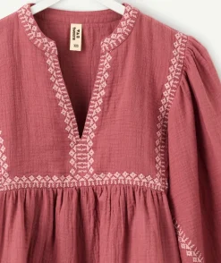 Blouse fille ample vieux rose brodée