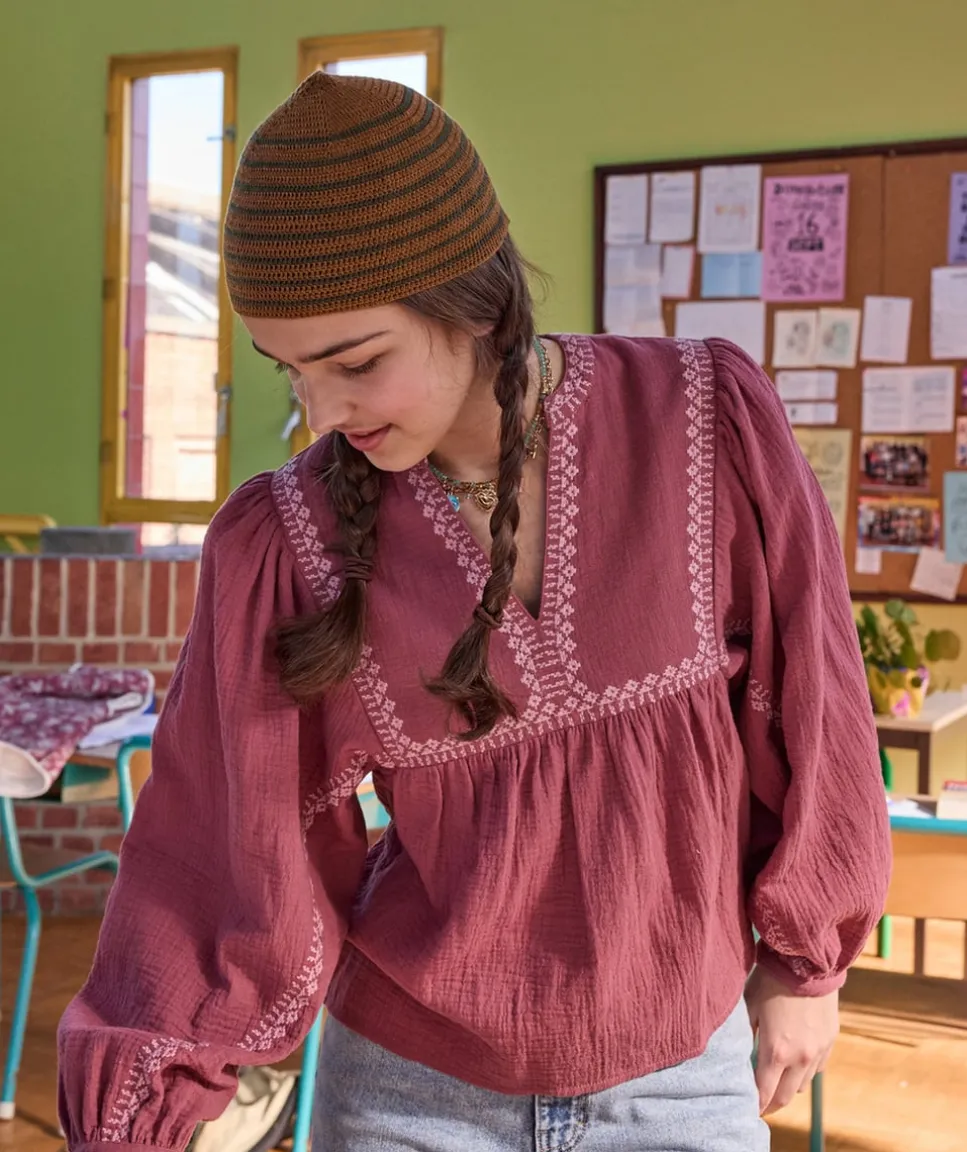 Blouse fille ample vieux rose brodée
