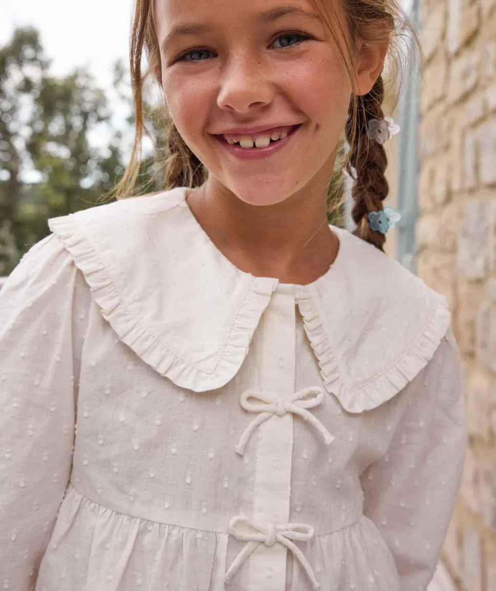 Blouse fille coton écru à col volanté