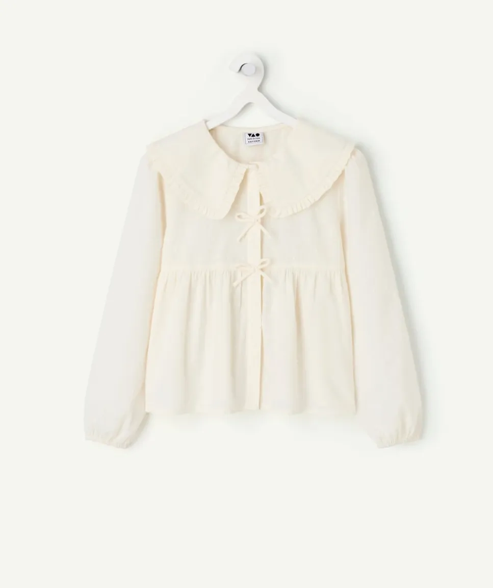Blouse fille coton écru à col volanté
