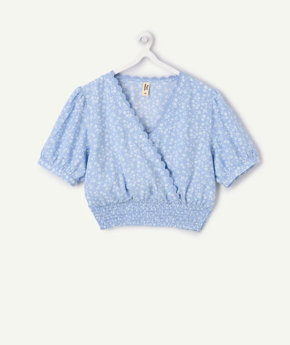 Blouse fille courte bleue fleurie