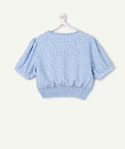 Blouse fille courte bleue fleurie