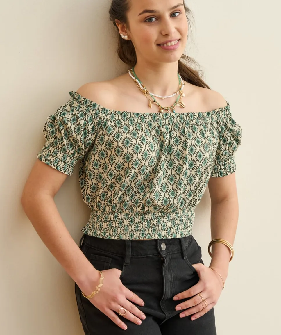 Blouse fille courte vert imprimé