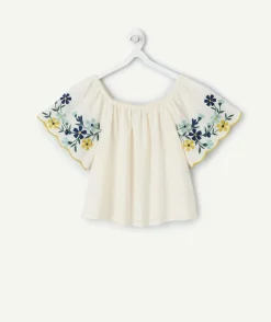 Blouse fille droite écrue brodée