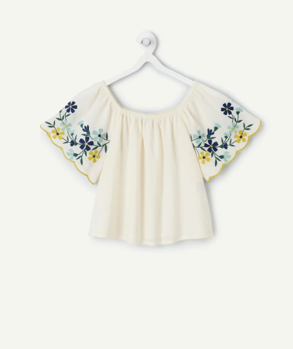 Blouse fille droite écrue brodée