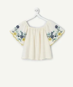 Blouse fille droite écrue brodée