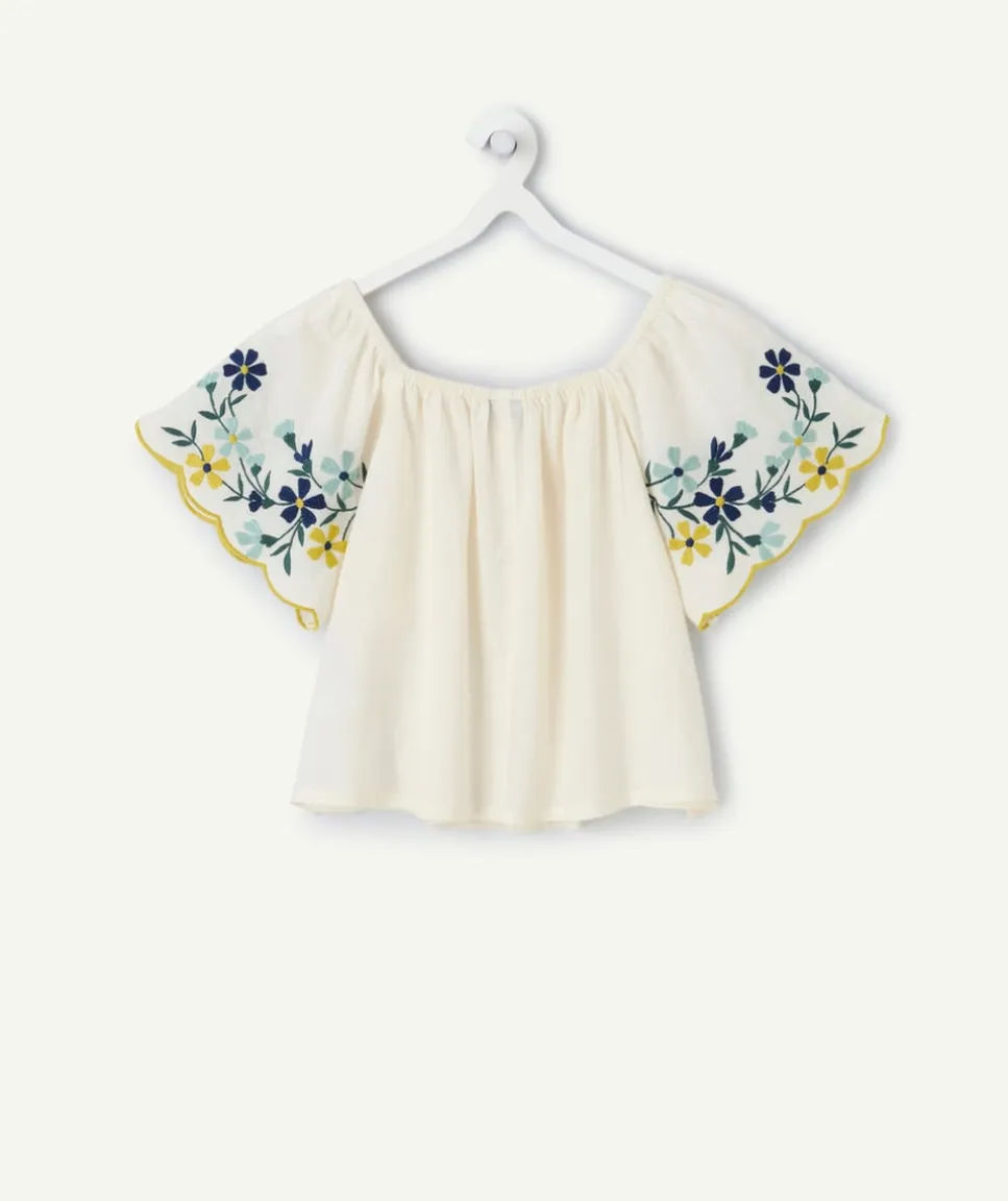 Blouse fille droite écrue brodée