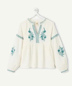 Blouse fille oversize écru broderies