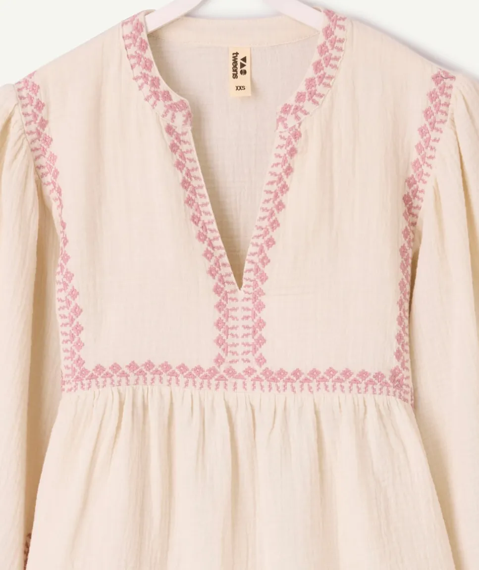 Blouse fille oversize écrue broderie