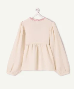 Blouse fille oversize écrue broderie