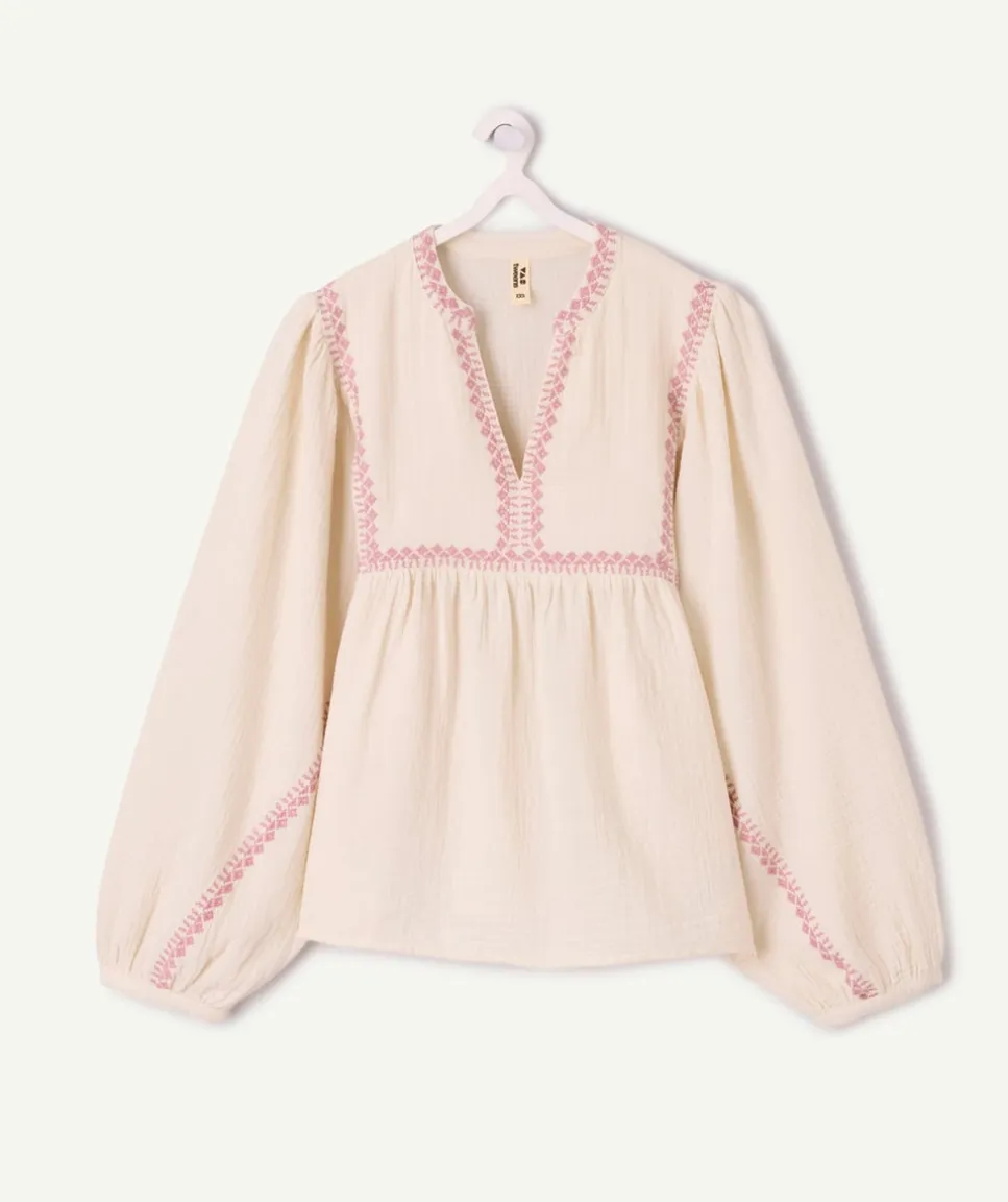 Blouse fille oversize écrue broderie