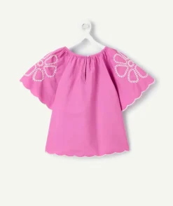 Blouse fille violette manches papillon brodées