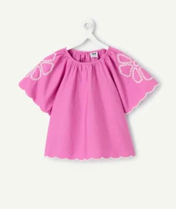 Blouse fille violette manches papillon brodées