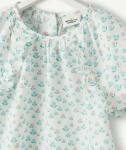 Blouse manches courtes bébé fille en coton imprimé fleuri rose et bleu