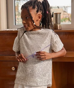 Blouse manches courtes fille à sequins