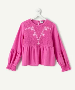 Blouse manches longues fille rose broderies