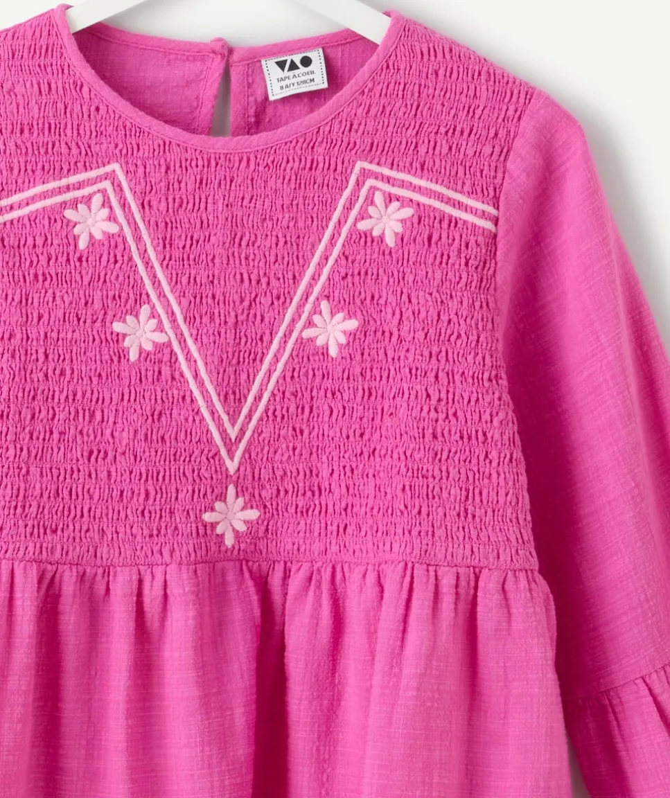 Blouse manches longues fille rose broderies