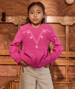 Blouse manches longues fille rose broderies