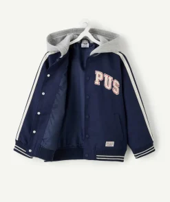 Blouson garçon bleu capuche message campus