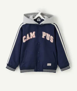 Blouson garçon bleu capuche message campus