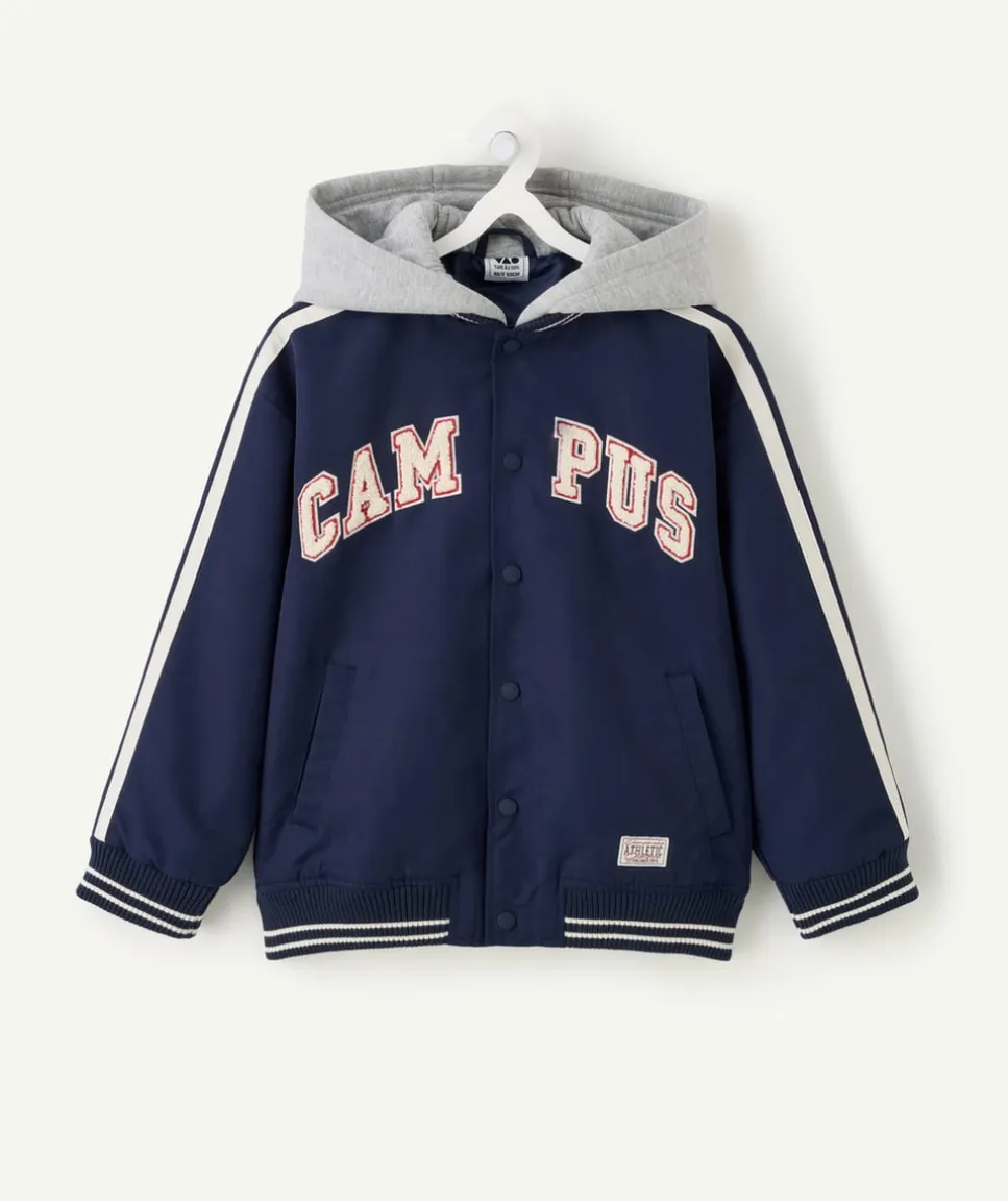 Blouson garçon bleu capuche message campus