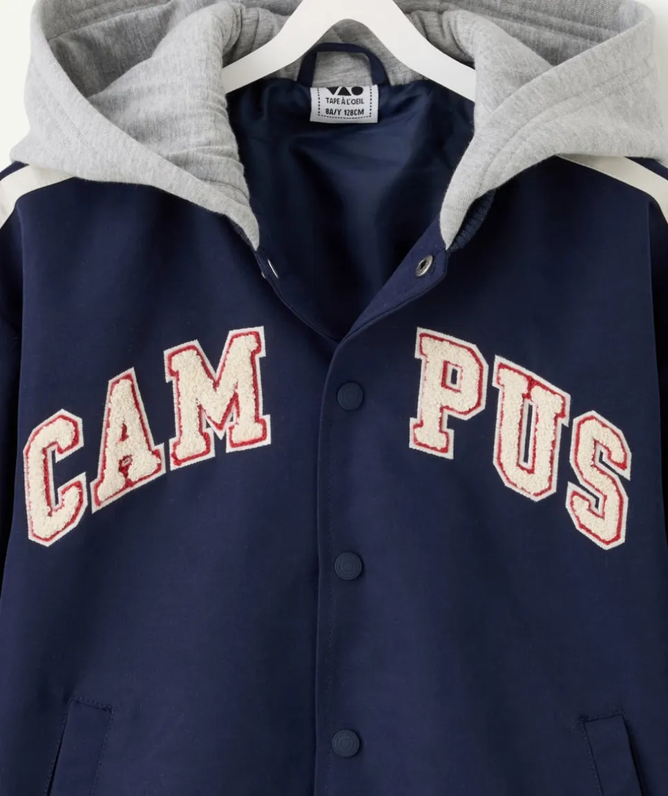 Blouson garçon bleu capuche message campus