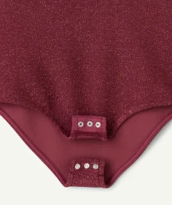 Body manches longues fille à paillettes bordeaux et col volanté