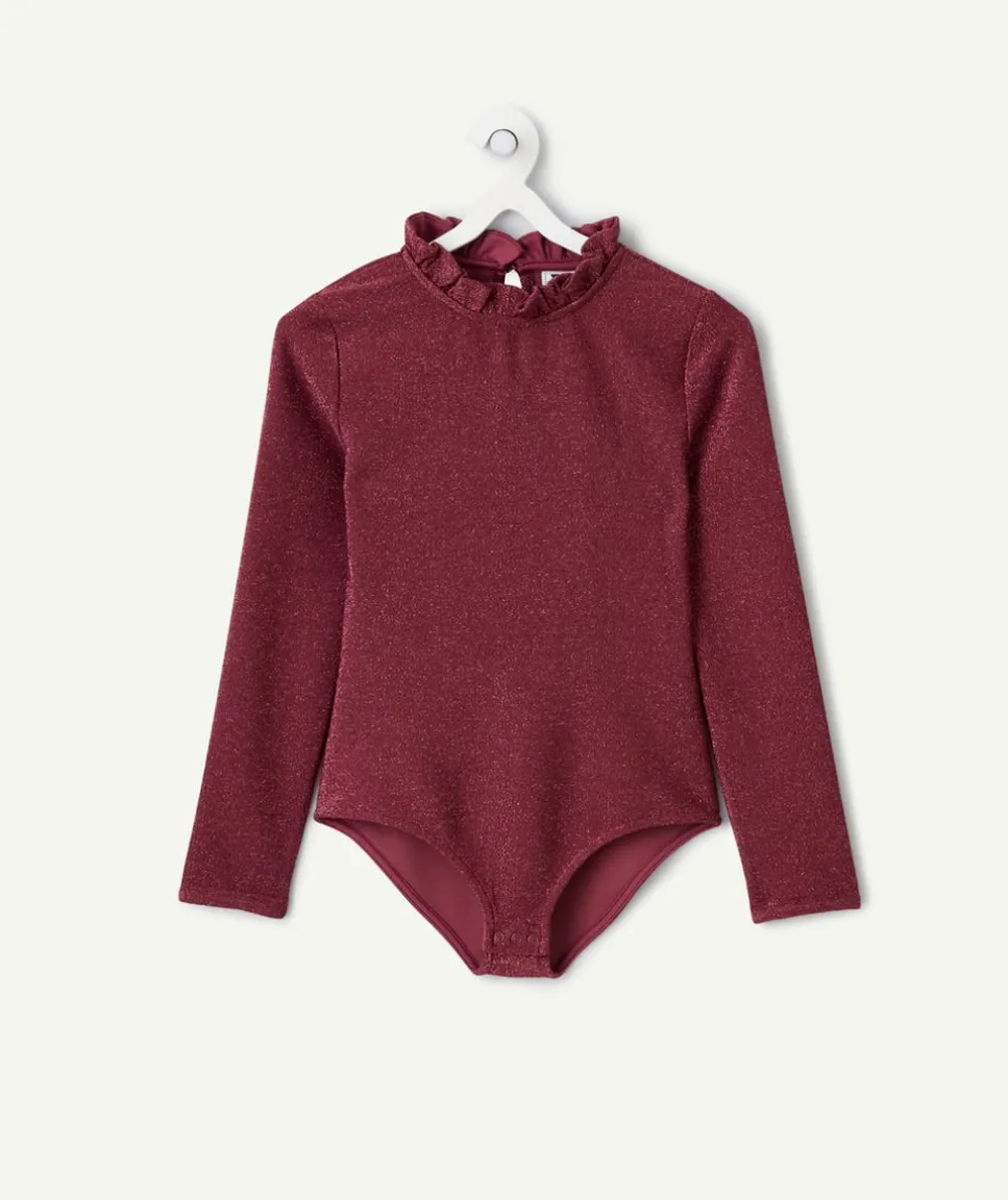 Body manches longues fille à paillettes bordeaux et col volanté