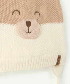 Bonnet bébé garçon beige motif ours