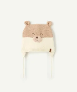 Bonnet bébé garçon beige motif ours