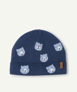 Bonnet bébé garçon bleu imprimé ours