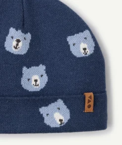 Bonnet bébé garçon bleu imprimé ours