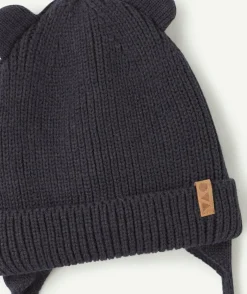Bonnet bébé garçon bleu marine en fibres recyclées avec oreilles