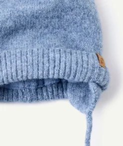 Bonnet bébé garçon bleu pompon liens