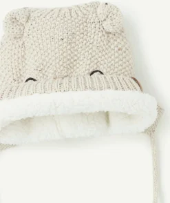 Bonnet bébé garçon en fibres recyclées écru avec animation ours