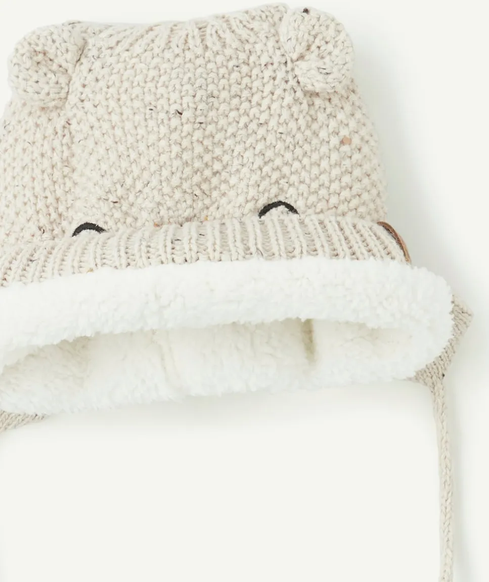 Bonnet bébé garçon en fibres recyclées écru avec animation ours