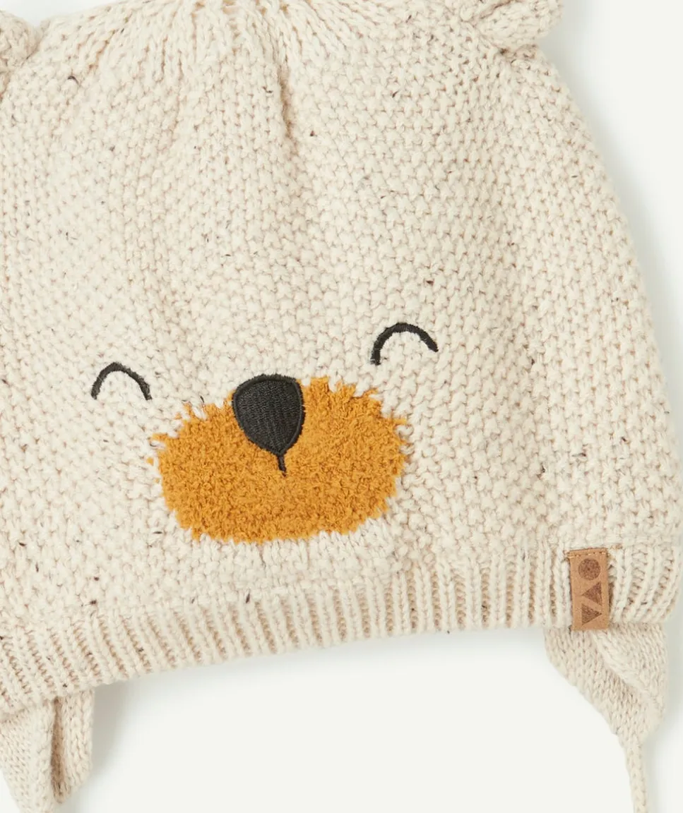 Bonnet bébé garçon en fibres recyclées écru avec animation ours
