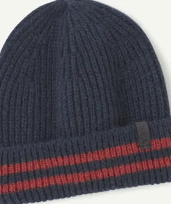 Bonnet bébé garçon en fibres recyclées bleu marine et rayures rouges