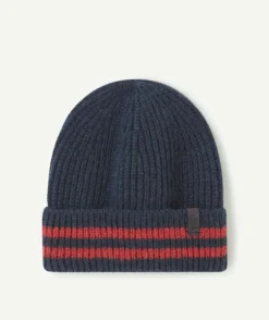 Bonnet bébé garçon en fibres recyclées bleu marine et rayures rouges