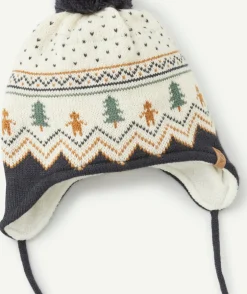 Bonnet bébé garçon motifs hivernaux avec pompon
