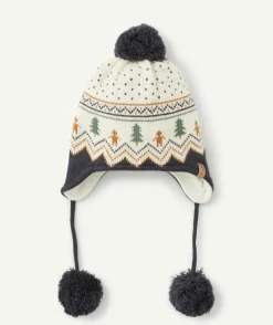 Bonnet bébé garçon motifs hivernaux avec pompon