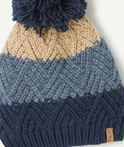 Bonnet en tricot garçon en fibres recyclées bleu, bleu marine et beige avec pompon