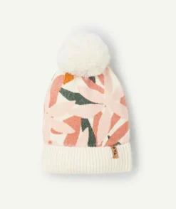Bonnet fille en fibres recyclées imprimé floral avec pompon