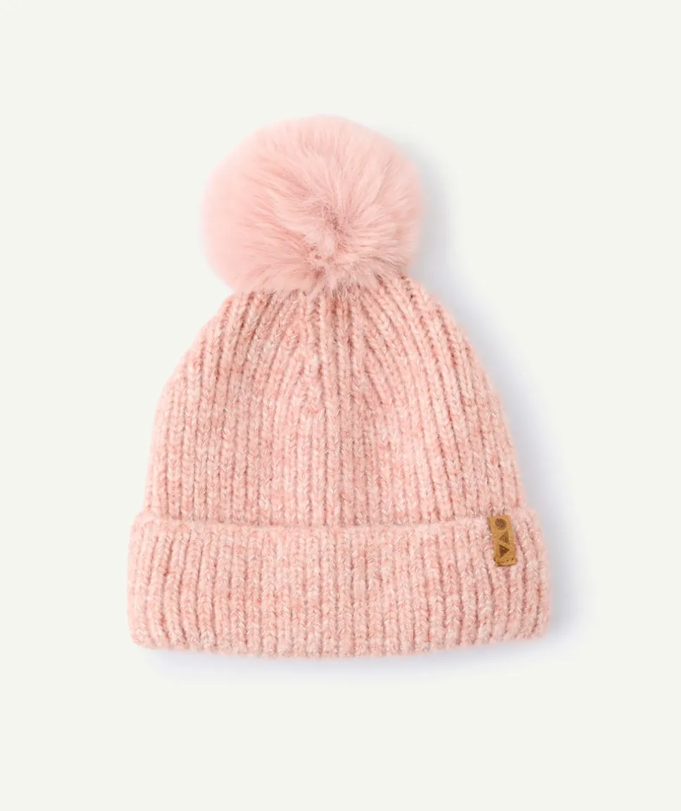 Bonnet fille maille rose à pompon