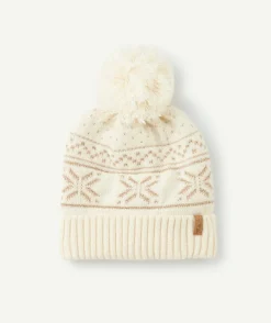Bonnet fille à motifs nordiques en fibres recyclées avec pompon