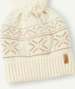 Bonnet fille à motifs nordiques en fibres recyclées avec pompon