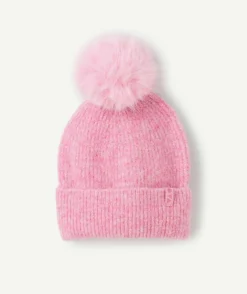 Bonnet fille rose avec pompon