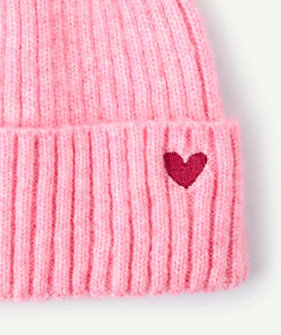 Bonnet fille rose maille côtelée cœur